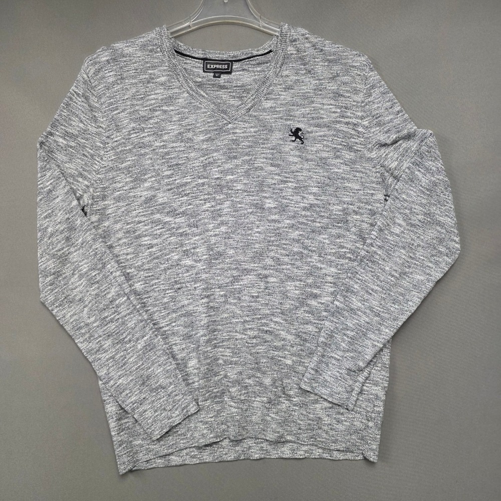 Express Mens V-Neck Sweater Gray White Marled Knit Cotton Lion Logo Large